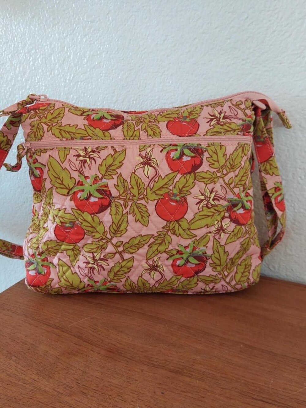 Vera Bradley Tomato Print Crossbody Bag Pink background with red tomatoes and gr